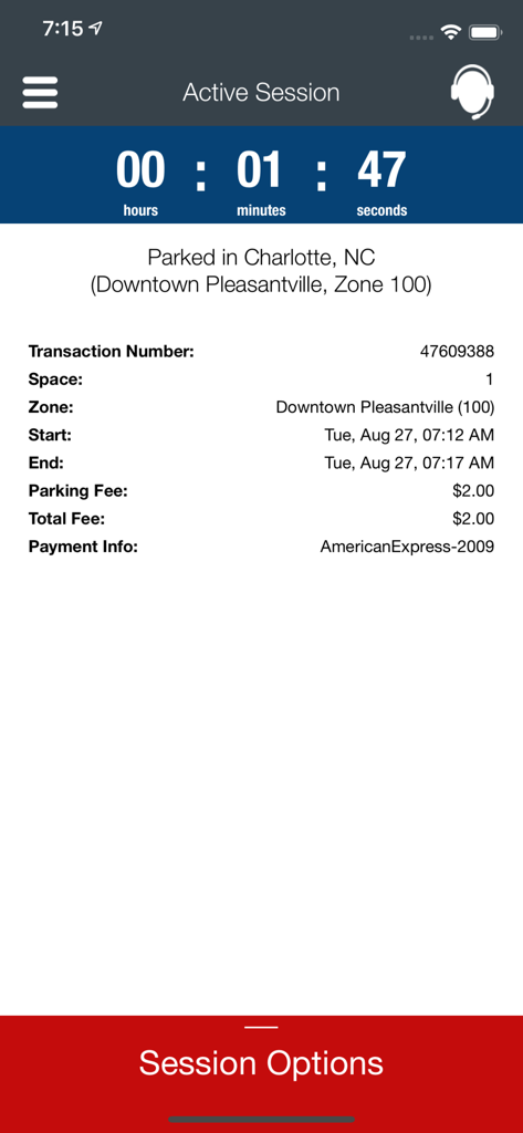 Passport Parking Canada - Active parking session screen in the Passport Parking Canada app featuring a countdown timer and transaction details