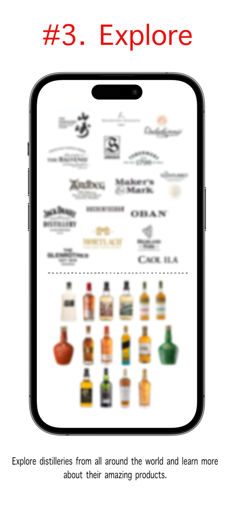 Whisky Bottle Tracker - A mobile app screen showing a list of whisky distillery logos and a digital collection of whisky bottles