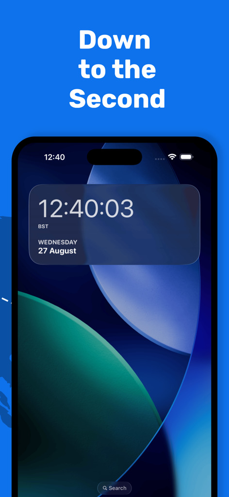 World Clock Timezone Converter widget on iPhone showing time with seconds and date