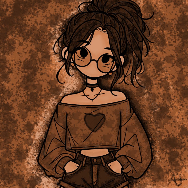 girl with a messy ponytail glasses a baggy crop top and jean shorts