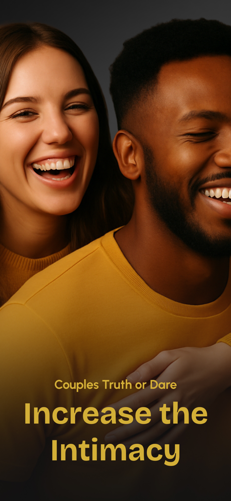 Couples Truth or Dare - Adult - Happy couple laughing with text overlay reading Increase the Intimacy for Couples Truth or Dare app