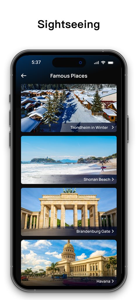 Live Earth Camera: Street View - Tela de smartphone mostrando marcos famosos do mundo como o Portão de Brandemburgo e Havana no aplicativo Live Earth Camera