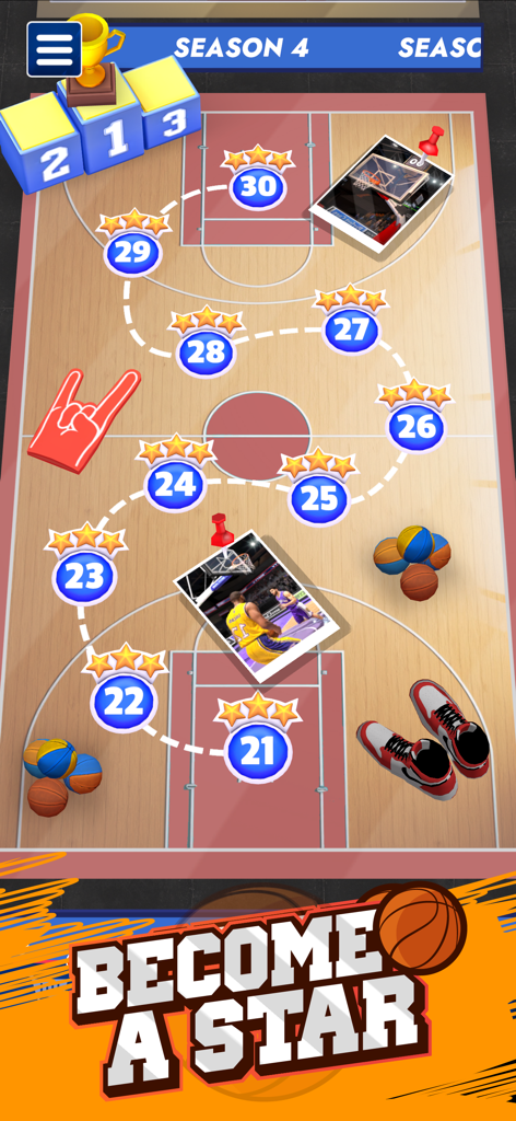 Basketball Master: Dunk Hero - Level progression map on a basketball court with a Become a Star banner