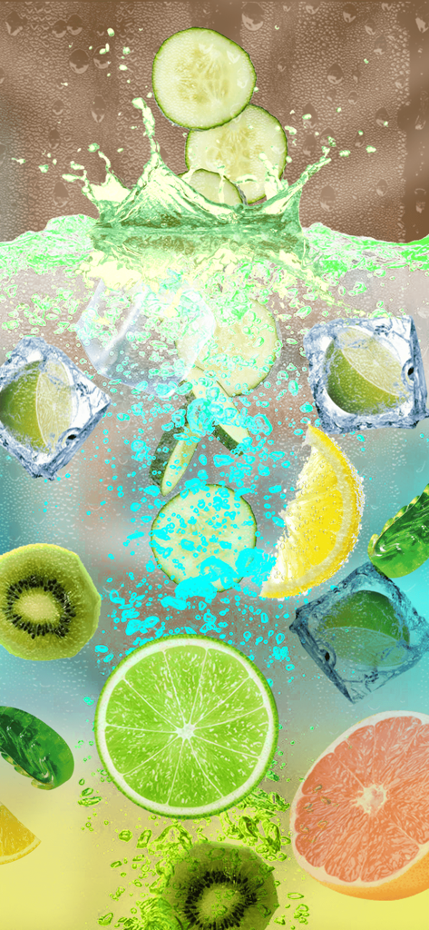 A vibrant virtual drink splash featuring slices of lime, kiwi, grapefruit and ice cubes