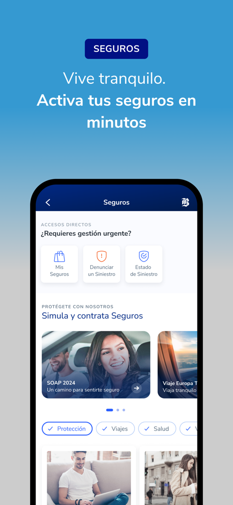 Mi Banco Chile - Sección de gestión de seguros de la aplicación Mi Banco Chile mostrando simulación de pólizas y opciones de reporte de siniestros.