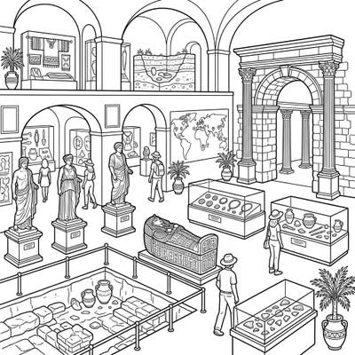 Step into the fascinating world of ancient history with this intricate archaeology museum coloring page. Explore grand halls filled with statues, artifacts, and archaeological finds, ready for your creative touch.
