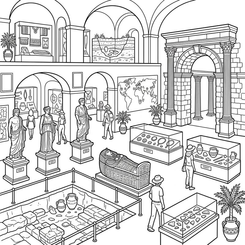 Step into the fascinating world of ancient history with this intricate archaeology museum coloring page. Explore grand halls filled with statues, artifacts, and archaeological finds, ready for your creative touch.