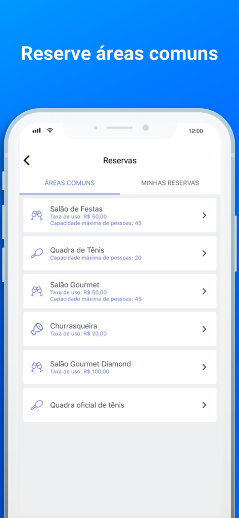 Mobile app interface showing a list of common areas available for reservation in a condominium
