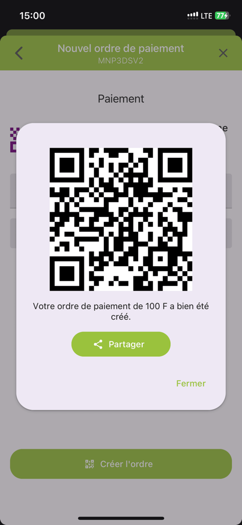 EpayNc - Mobile Bildschirmansicht mit einem generierten QR-Code für einen Zahlungsauftrag in der EpayNc App.