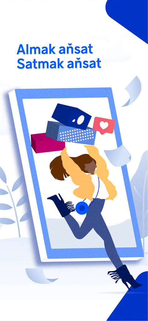 A woman holding shopping items jumping through a smartphone screen with Turkmen text for the Saray app.