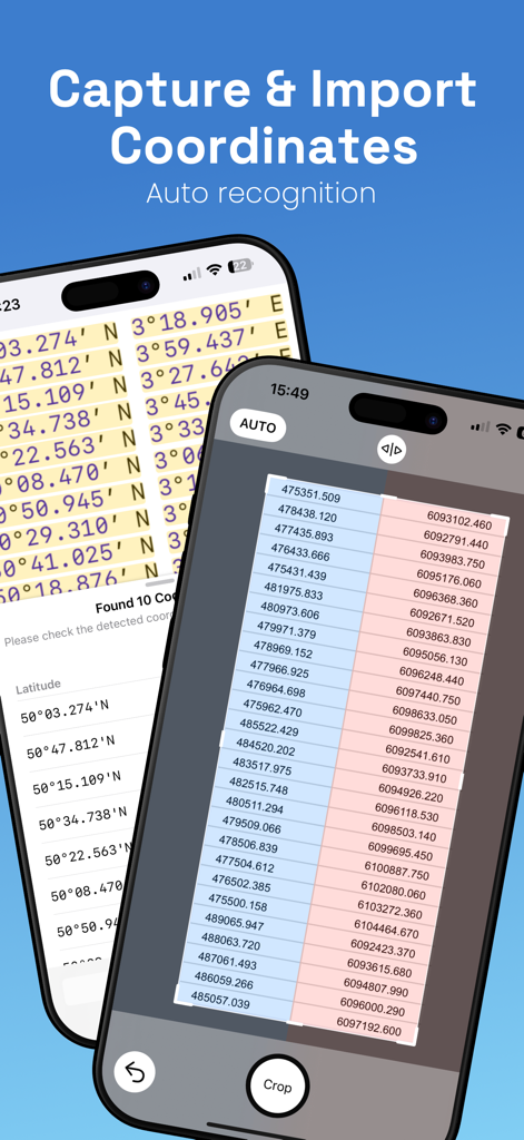 CoordCap: Capture & Convert - Screenshot of CoordCap app showing auto-recognition and import of geographic coordinates from a photo.