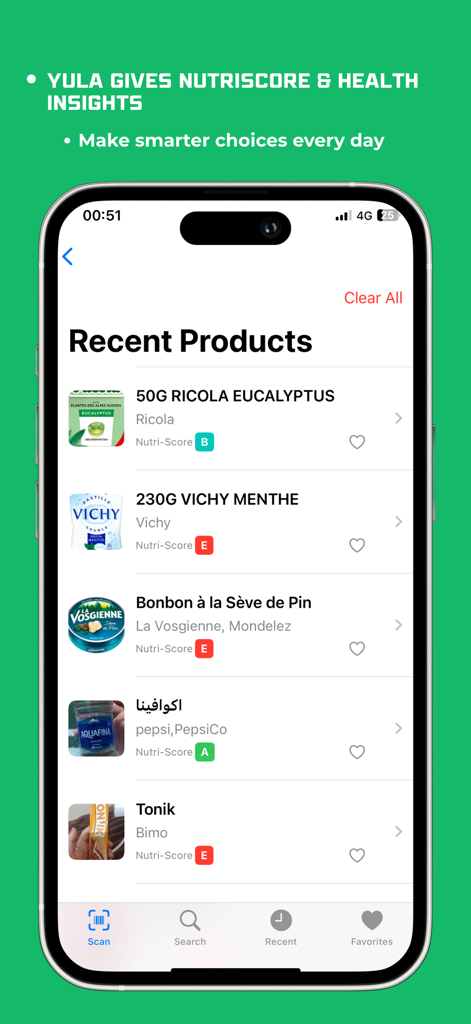 Yula - Food & Cosmetic Scanner - A list of recently scanned food products in the Yula app showing their names and color-coded Nutri-Score ratings.