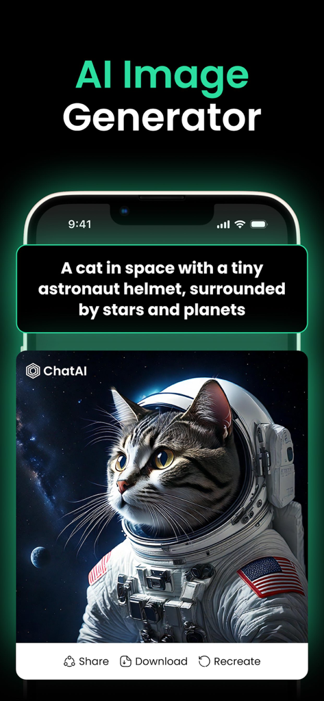 ChatBy AI Chat Bot and Creator - Interface of ChatBy AI showing a cat in an astronaut suit generated from a text prompt