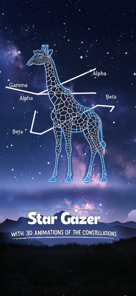 A 3D animated giraffe constellation displayed over a starry night sky in the Star Gazer app