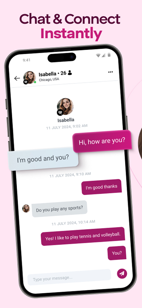 Interface of the PinkCupid app showing an instant chat conversation between lesbian singles
