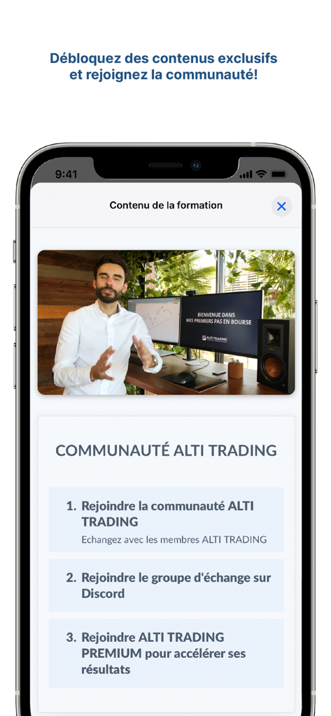 ALTI TRADING - Alti Trading mobile app interface displaying a trading video lesson and community access options