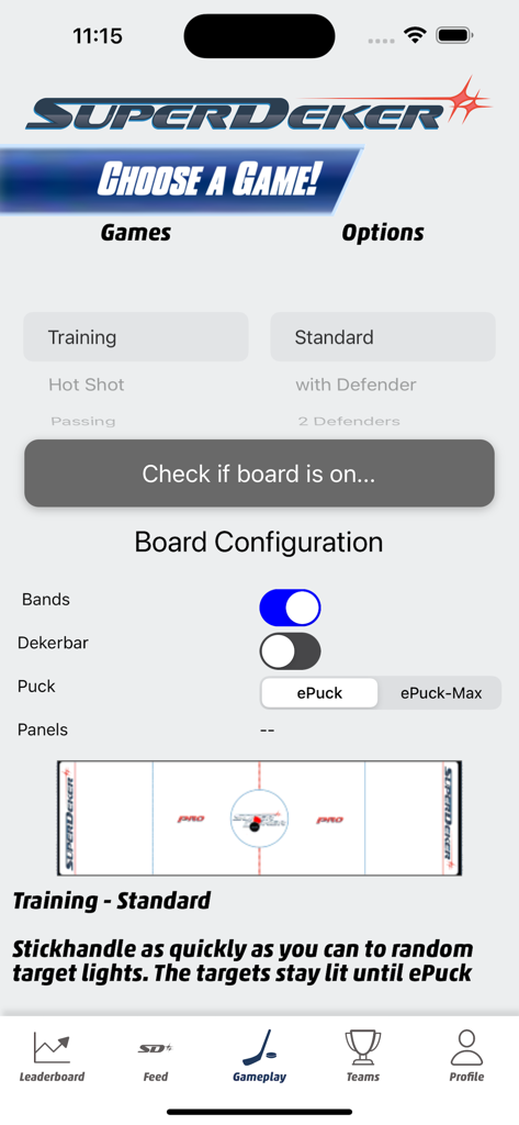 SuperDeker App - SuperDeker app interface for selecting game modes and configuring the hockey training board.