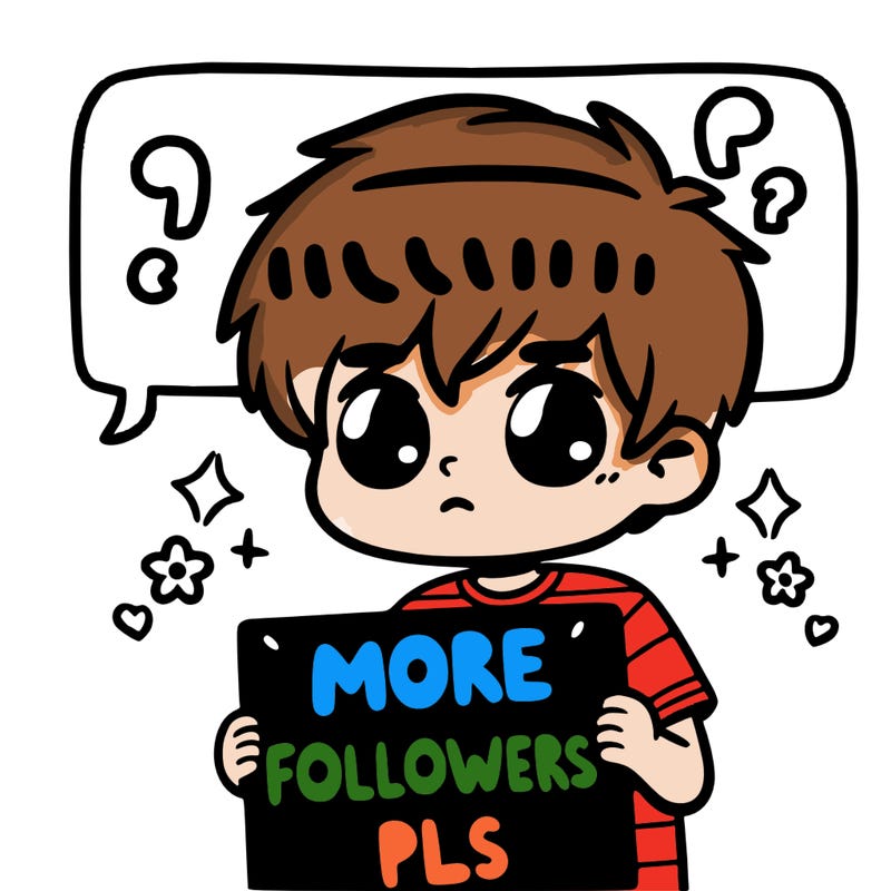 boy with a sign saying more followers pls