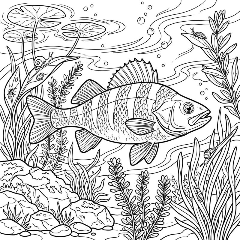 Discover the beauty of aquatic life with this full-scene perch coloring page, thoughtfully designed for seniors. Featuring clear outlines and engaging details, it offers a relaxing and stimulating creative escape.