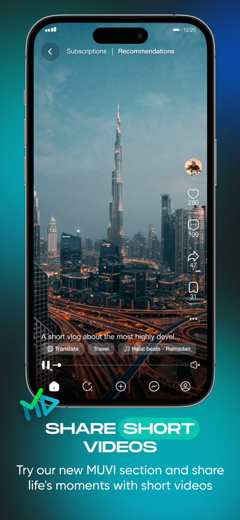 Interfaccia dell'app Umma Life che mostra la sezione MUVI per la condivisione di brevi video halal