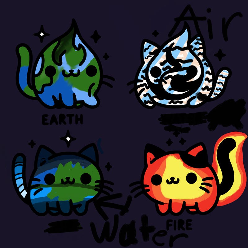 4 cats that represent the different elements, earth, water, air, and fire