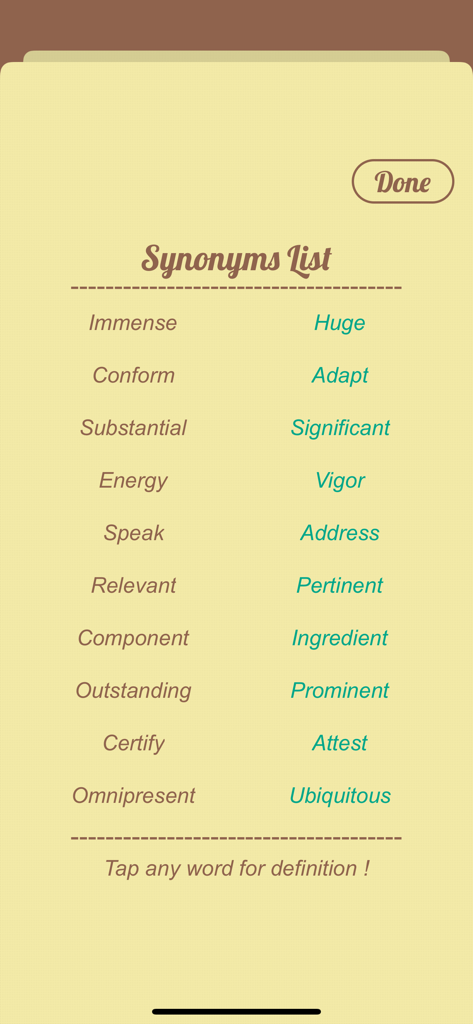 immense와 huge와 같은 단어 쌍 목록을 보여주는 Synonyms Quiz 앱의 화면입니다.