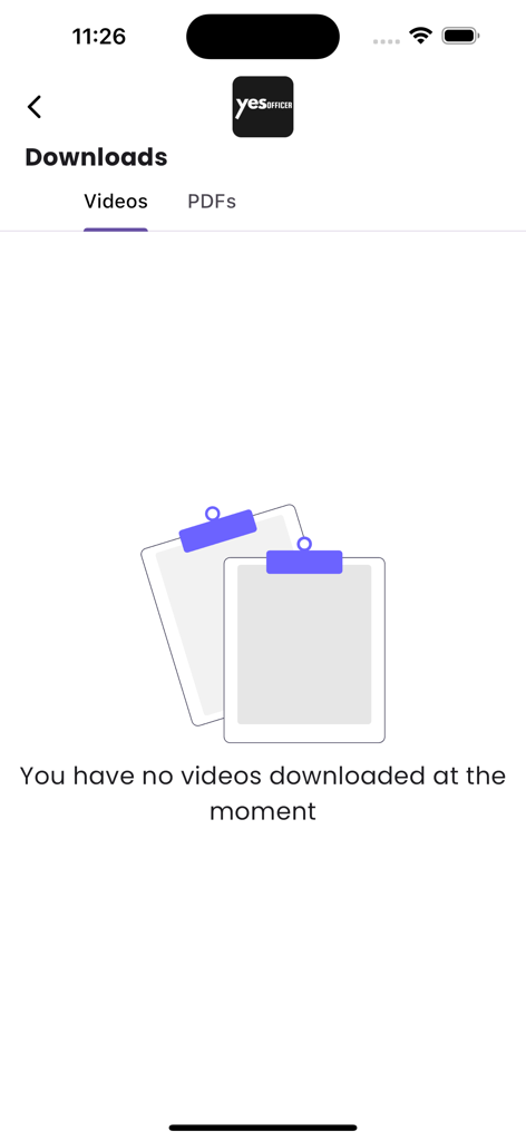 The downloads screen of the Yes Officer app showing empty video and PDF study material tabs.