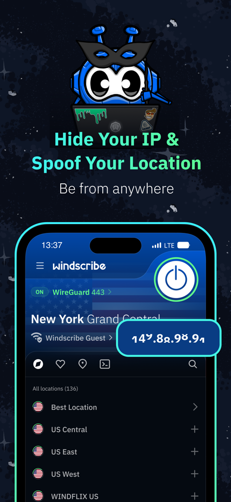 米国のサーバーロケーションとIPスプーフィング機能を表示したWindscribe VPNモバイルアプリのインターフェース