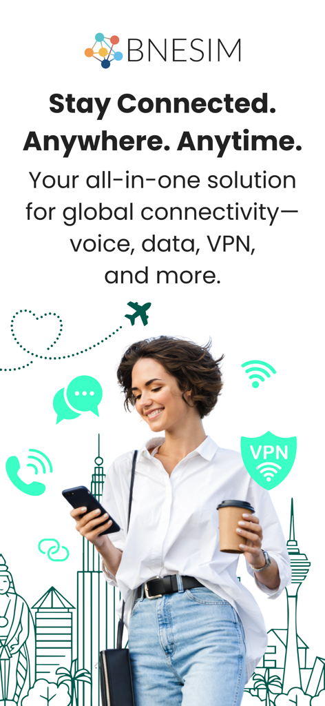 VirtualSIM by BNESIM - A woman traveler holding a phone and coffee with icons representing global voice data and VPN services by BNESIM