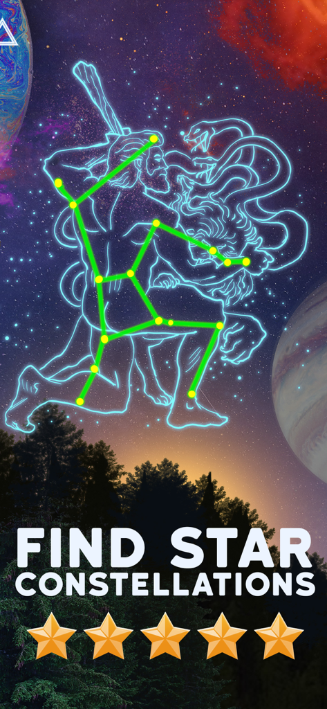 The Constellation Star Finder - The Constellation Star Finder app showing a constellation in a starry night sky with five star ratings