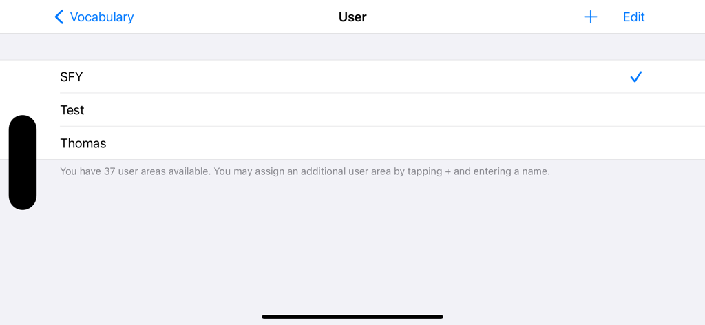 User management screen in the Speak for Yourself app showing multiple user profile options