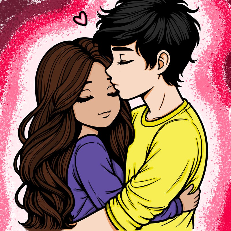 a realistic couple boy and girl hugging and kissing