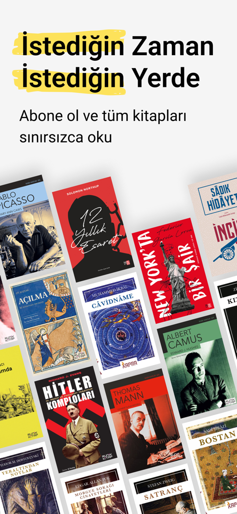 A collection of Turkish book covers in the Kitapyurdu E-Kitap app promoting unlimited reading with a subscription.