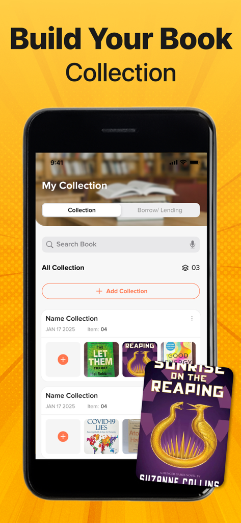 A smartphone displaying the Book Scanner app interface showing a digital library with categorized book collections and cover art.