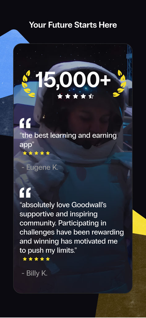 Screenshot of Goodwall app showcasing positive user reviews and a 15000 plus five star rating badge