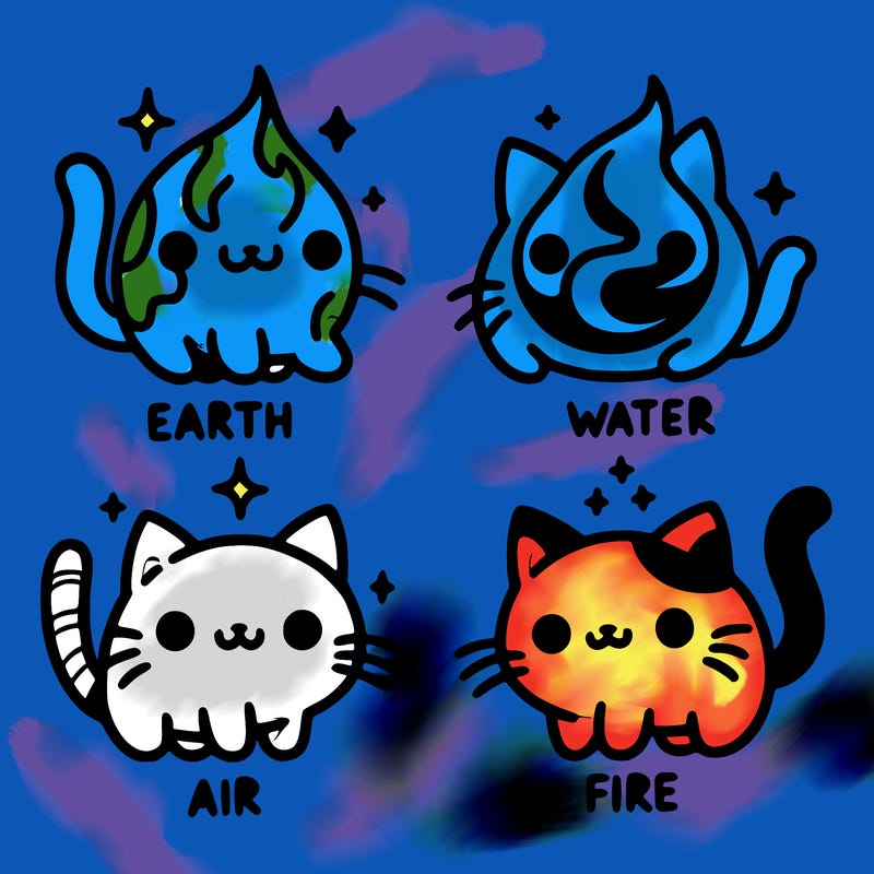 4 cats that represent the different elements, earth, water, air, and fire