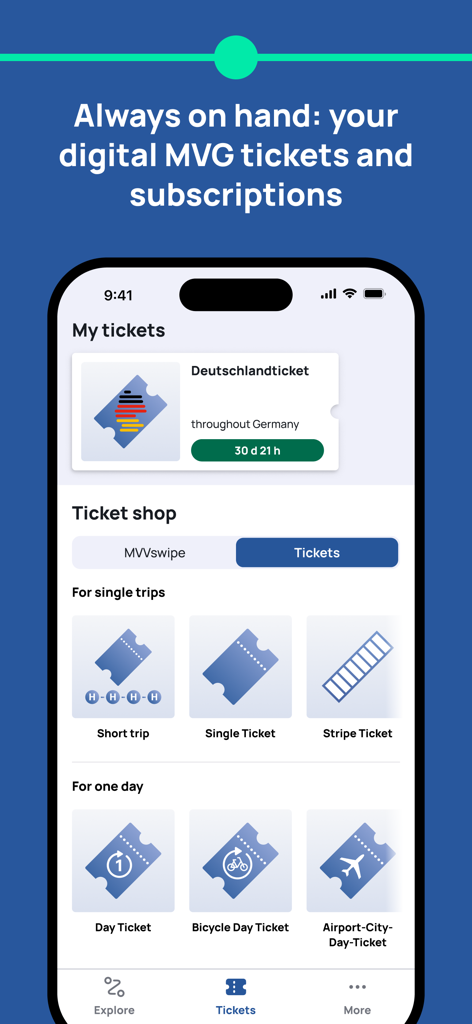 MVGO! - MVGO App Ticketshop-Oberfläche, die digitale Münchner Nahverkehrstickets einschließlich des Deutschlandtickets zeigt.