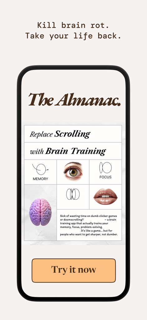Promotional screen for The Almanac app featuring text about replacing scrolling with brain training for memory and focus