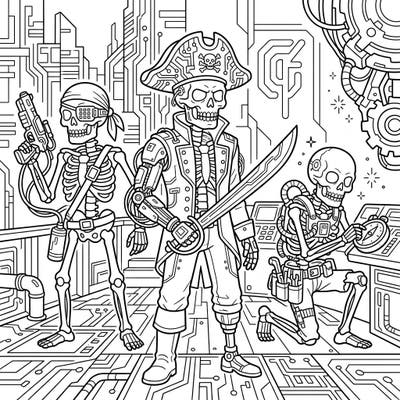 Unleash your creativity with this epic coloring page featuring a crew of cyberpunk pirate skeletons. These robotic buccaneers navigate a futuristic world, ready for your vibrant imagination.