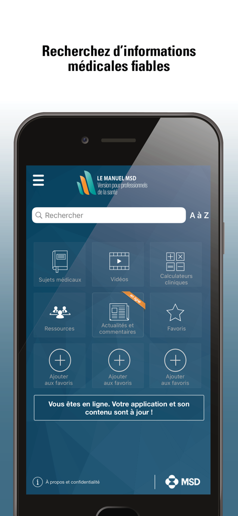 Le Manuel MSD Professionnel - Interface de l'application mobile Le Manuel MSD Professionnel montrant le menu principal avec la barre de recherche et les catégories médicales