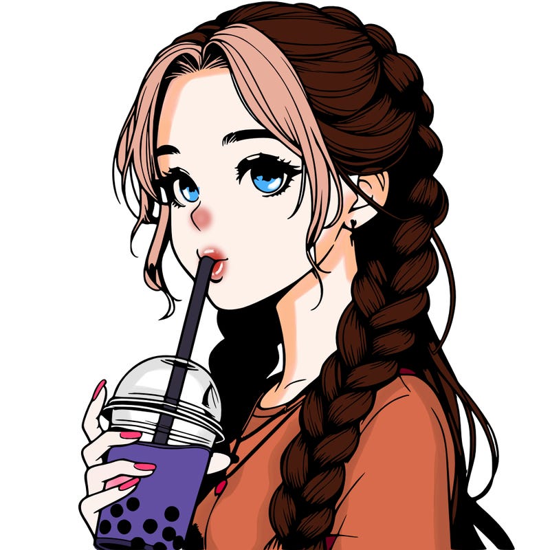 realistic girl with braided hair drinking boba