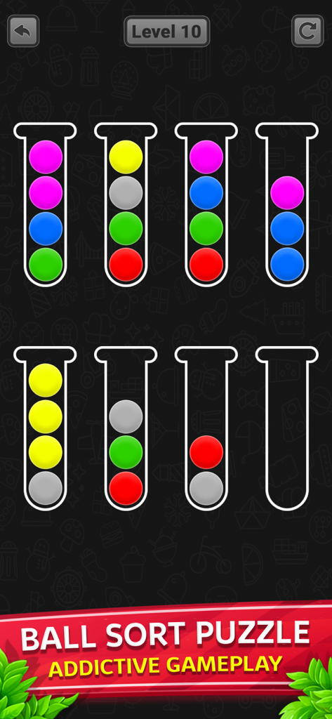 Classic Number Game -Numpuzzle - Captura de pantalla del juego Ball Sort Puzzle en la aplicación Classic Number Game mostrando bolas de colores en tubos de ensayo para entrenamiento cognitivo.