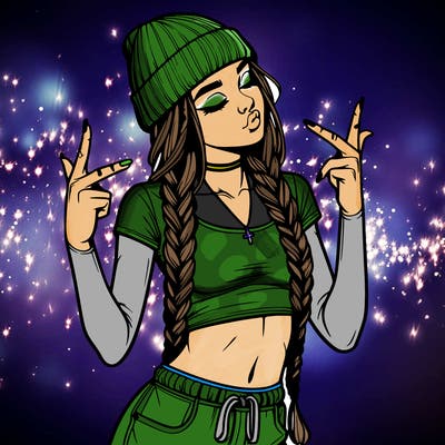 realistic teenage girl with braids and a beanie and crop top doing 🫶🏼