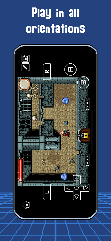 Aplicación ArcEmu mostrando un juego RPG retro jugado en un iPhone en orientación horizontal con controles virtuales en pantalla