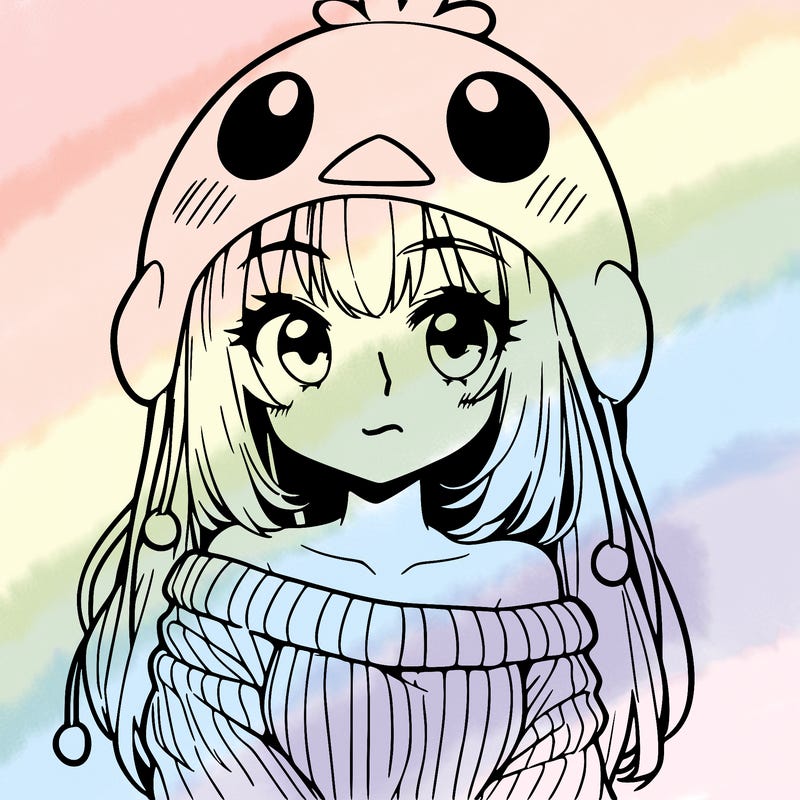 anime girl with chick shaped hat with sweater with bare shoulders with bangs covering them one eye with low tail