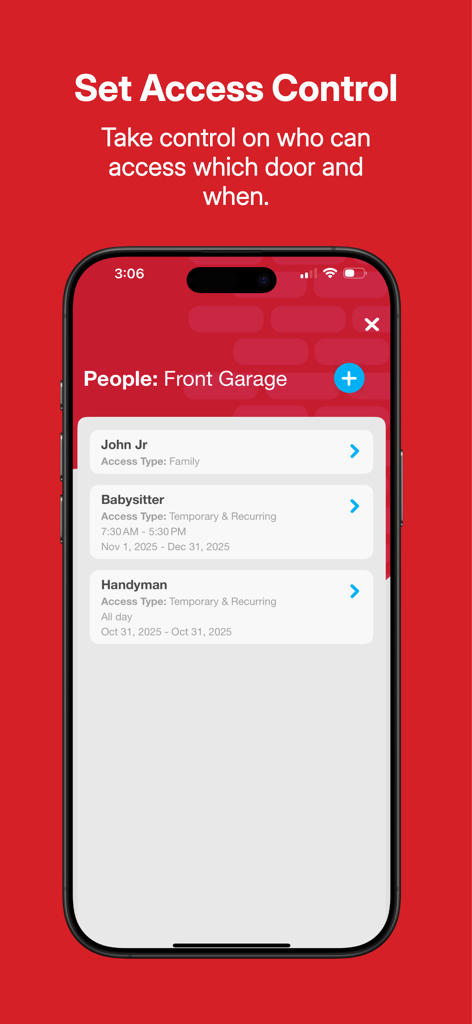 Aladdin Connect app interface showing access control settings for family members and temporary users like babysitters and handymen