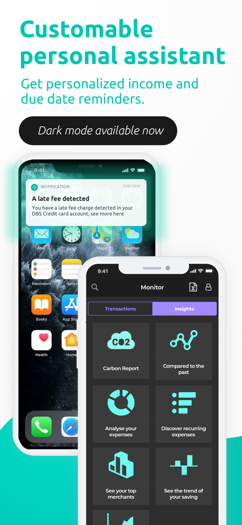 Planto - HK #1 Money Tracker - Tela do aplicativo Planto mostrando lembretes financeiros personalizados e um painel para monitorar despesas e economias no modo escuro