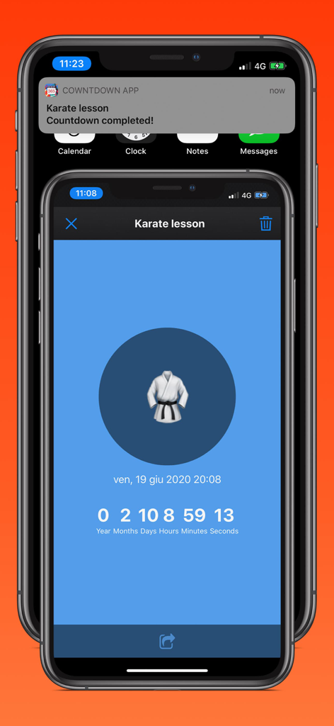 Countdown - count down to - iOS Countdown app interface showing a karate lesson event detail and a notification alert.