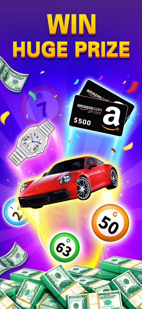 Bingo Cash: Win Real Money - Promotional graphic for Bingo Cash showing a red sports car, Amazon gift cards, and stacks of cash winnings.