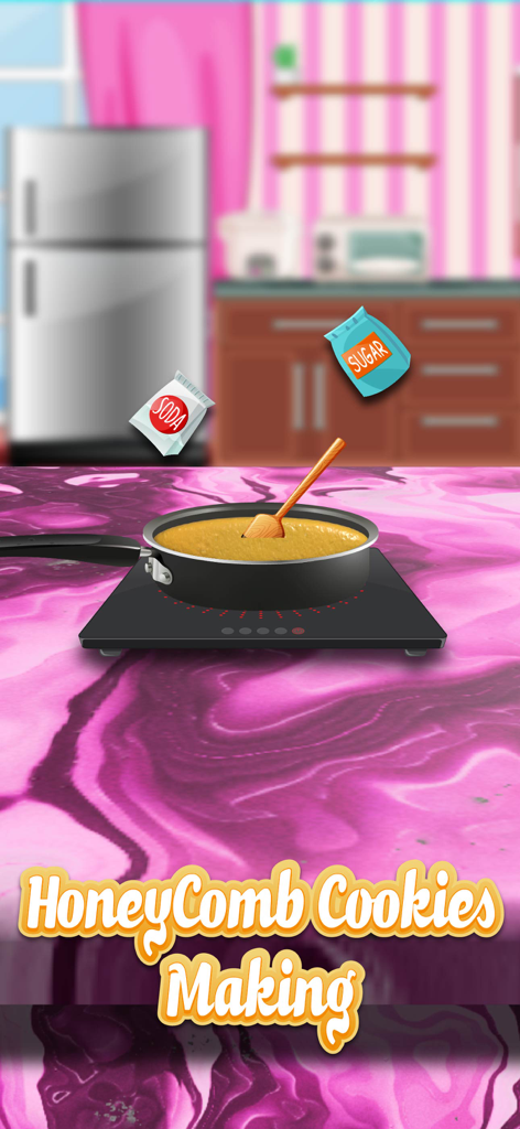 Honeycomb Candy Challenge Game - A digital illustration showing the cooking stage of honeycomb candy with a pan on a stove and ingredients like sugar and soda